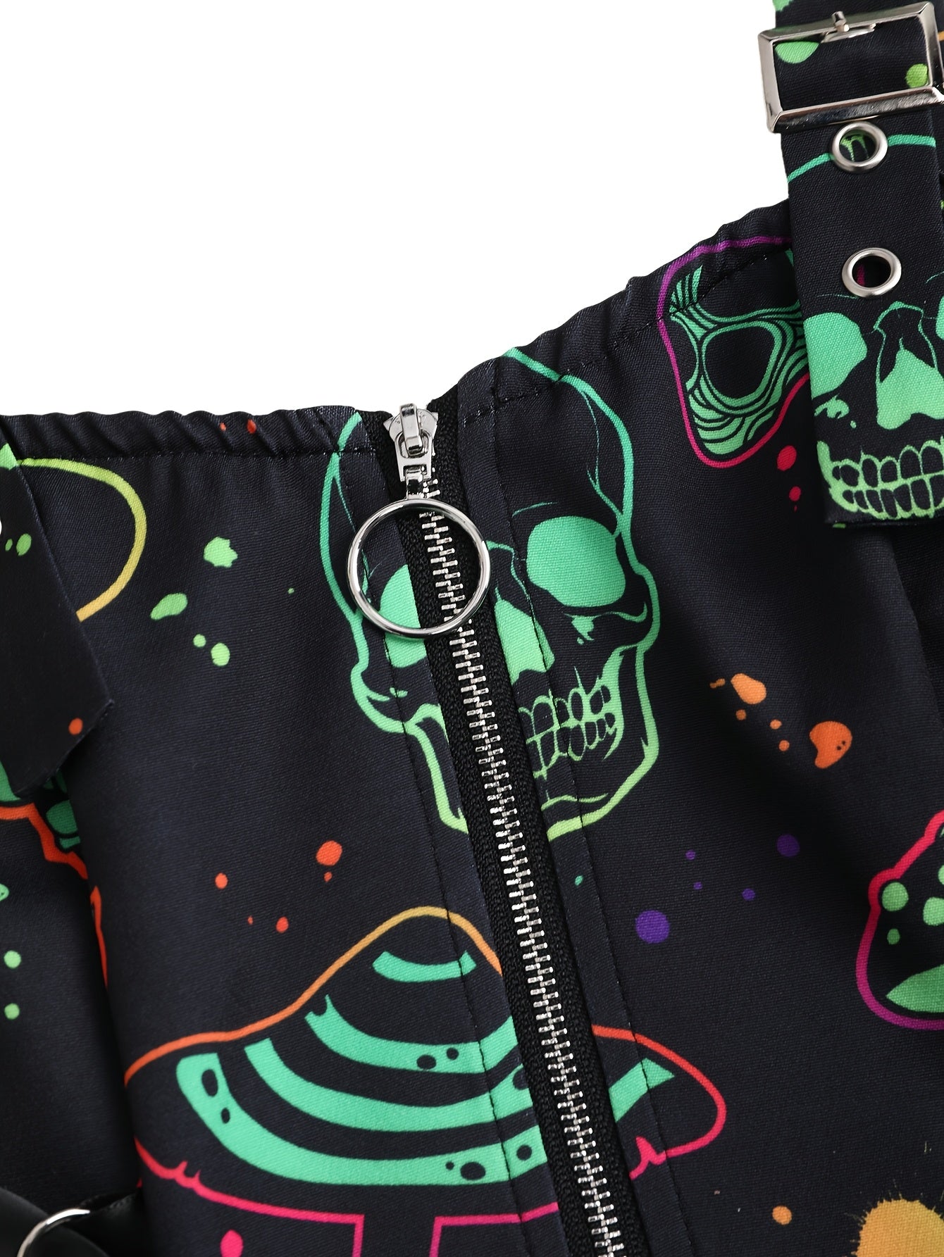 Women'S Casual Skull and Mushroom Print Zipper Dress with Strapless Collar and Tie Detail, 100% Polyester, All-Season Slip, Woven Fabric, 190 g/m² - Perfect for Adult