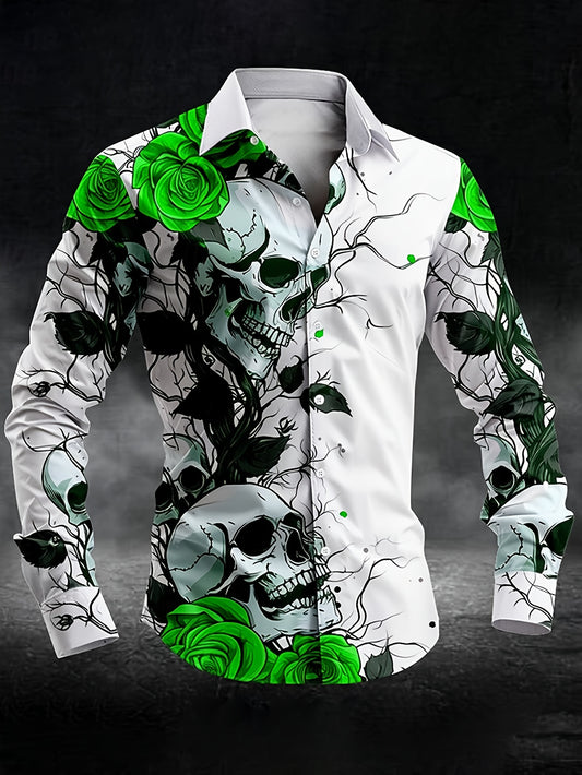 Men'S Gothic Skull & Rose Print Long Sleeve Shirt - Black with White & Blue Gothic Design, Pointed Collar Button Front, Machine Washable All-Season Casual & Formal Wear, Bold Statement Shirt for Themed Events, Parties, Everyd