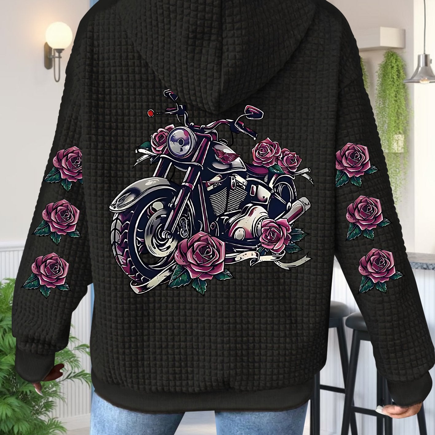 [Floral Motorcycle Hoodie] Polyester Women's Motorcycle & Rose Graphic Zip-Up Hoodie - Black with Pink Floral Accents, Full-Zip Closure Hooded Sweatshirt, Machine Washable Pullover for Everyday & Themed Events, Motorcycle Gea