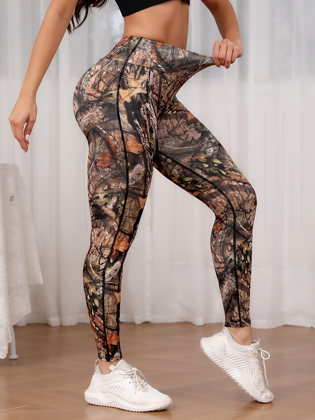 Women's High-Waisted Camo Yoga Leggings - Stretchy, Non-See-Through Workout Pants for All Seasons, Polyester/Spandex Blend, Machine Washable, High Elasticity, Plant Pattern Design, Yoga Pants