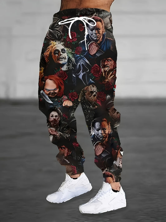 Men'S Horror Movie Icons Print Jogger Pants - Polyester Knit Casual Sportswear with Adjustable Drawstring Waist & Functional Pockets, All-Season Comfort for Gym, Lounge, Streetwear - Regular Fit Jogging Pants with Iconic Movi