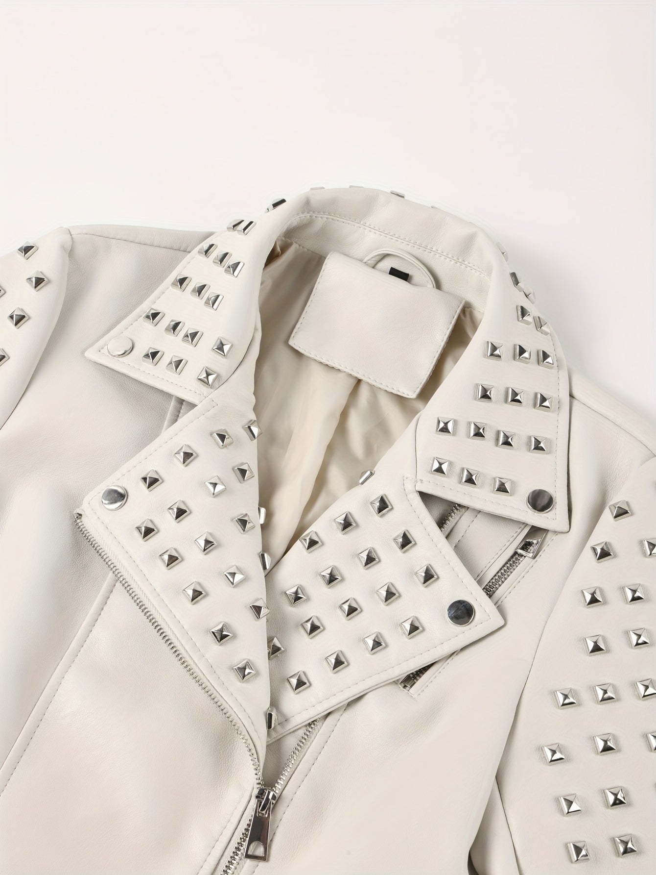 Women'S Simple Versatile Faux Leather Square Nail Style Motorcycle Jacket Coat with Belt, Faux Leather, Polyester 92.00%, Viscose 8.00%, Solid Color, Casual Biker Style, Woven, 60g/㎡ Lining Weight