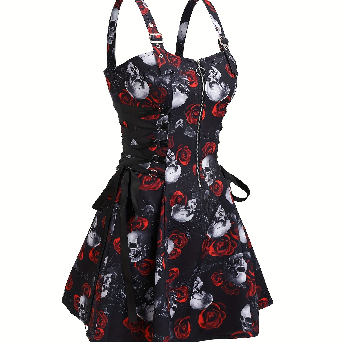 [Gothic Rose Midi Dress] Elegant Halloween Women's Gothic Rose Print Midi Dress | Casual Sleeveless A-Line Skirt with Back Zipper and Corset Detail, Black with White Floral Pattern
