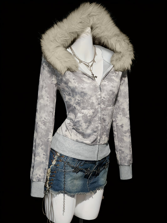 Women's Vintage Camouflage Full-Zip Hooded Jacket with Full-Length Zipper Closure, Faux-Fur Trim & Full-Length Chain Strap - Winter Warm Outerwear, Machine Washable, Brown/Gray/Black/Beige Camo Pattern, Retro Style Long Sleev