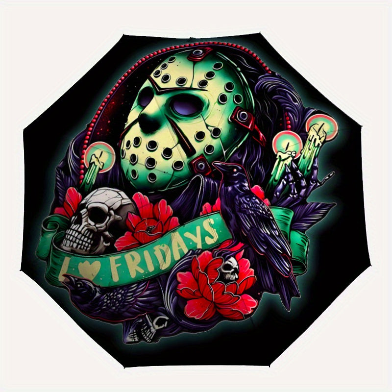 Jason Voorhees Inspired Automatic Folding Umbrella - Horror Movie Design with Jason, Friday the 13th, Halloween - Compact Travel Umbrella, Durable 8-Rib Shaft, Automatic Open/Close, Perfect Gift for Horror Fans & Jason Voorhe