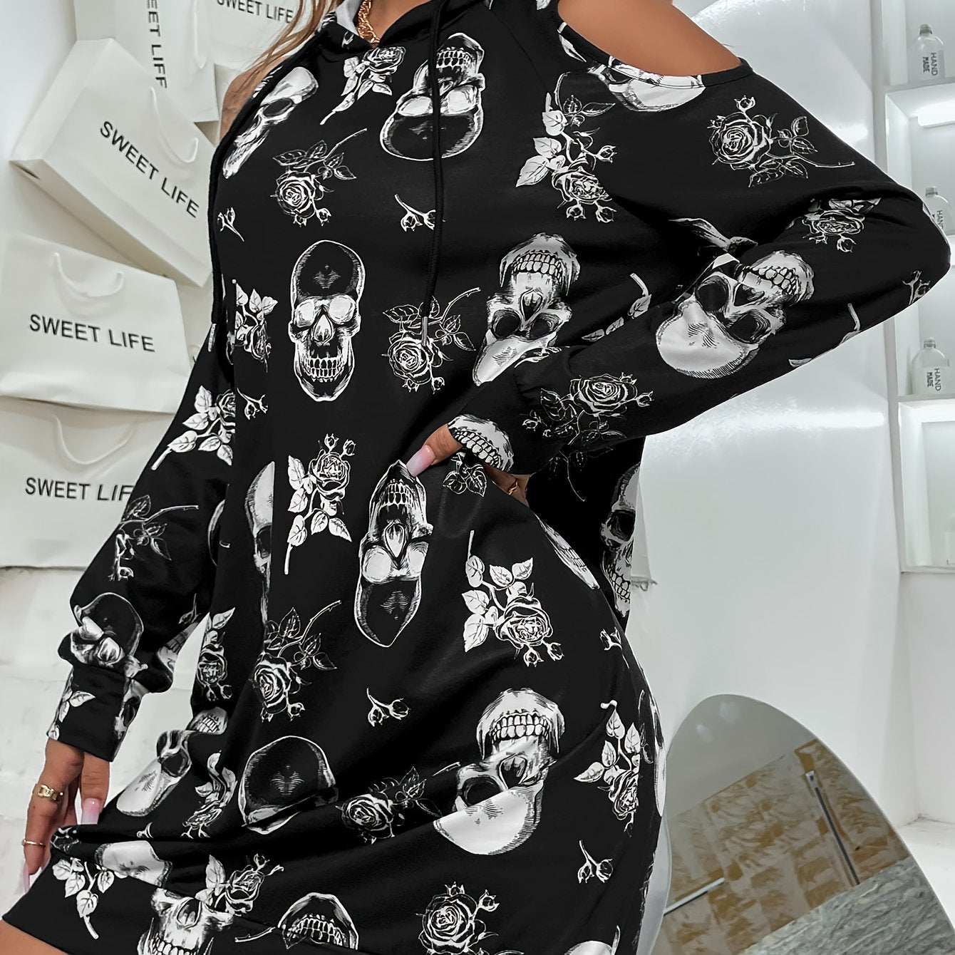 Women's Gothic Skull Print Hooded Dress with Long Sleeve - Black & White Gothic Pattern A-Line Silhouette, Machine Washable Winter Warmth, Round Neck to Hooded Collar, Themed Party Outfit for Halloween, Everyday & Formal Even