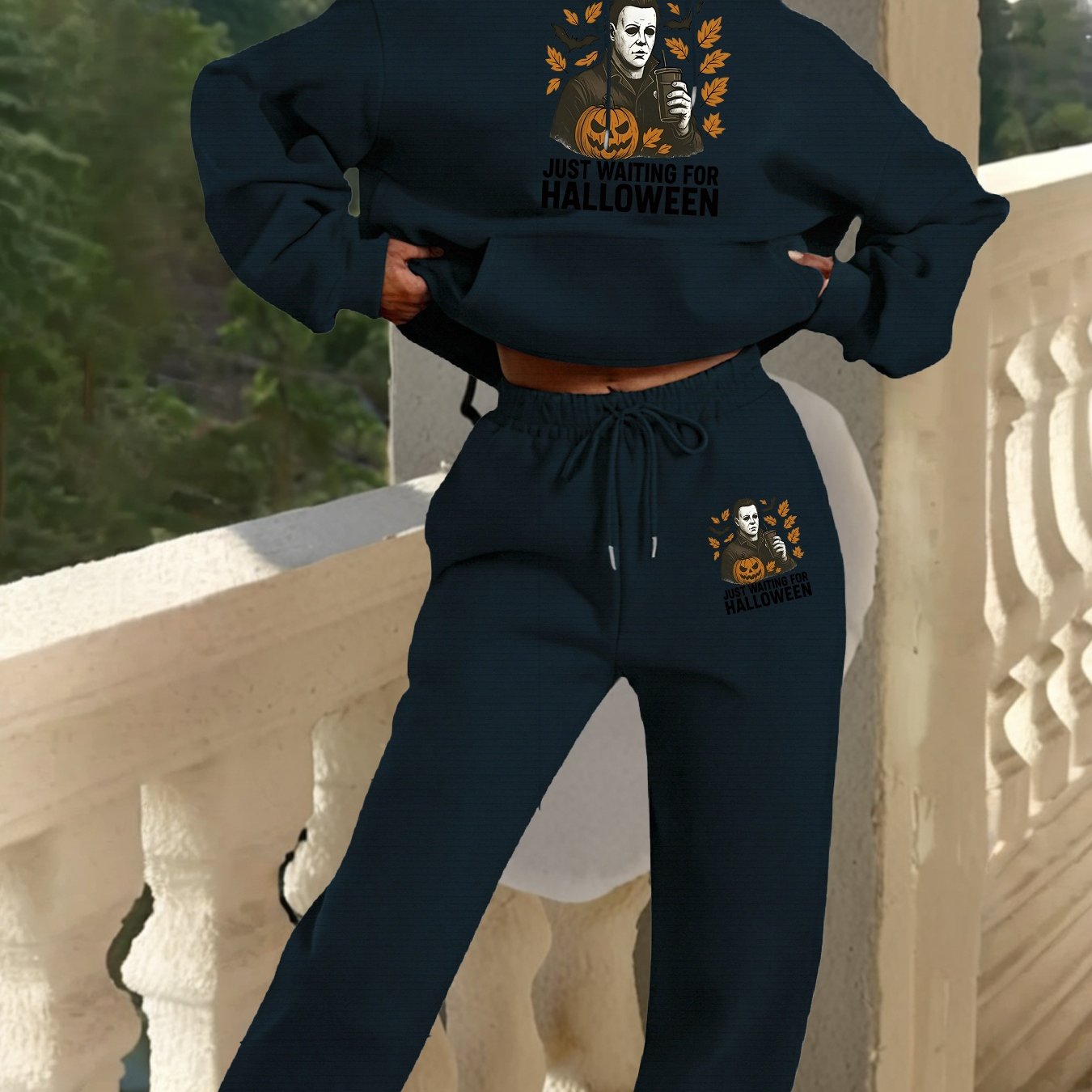 2025 Autumn Winter New Arrival, Halloween Horror Pattern Hoodie and Sweatpants Set, Casual Style, with Pockets, for Women, Fall/Winter Collection, Halloween Costume|Casual Style Hoodie|Pocketed Hoodie, Halloween Costume Set,