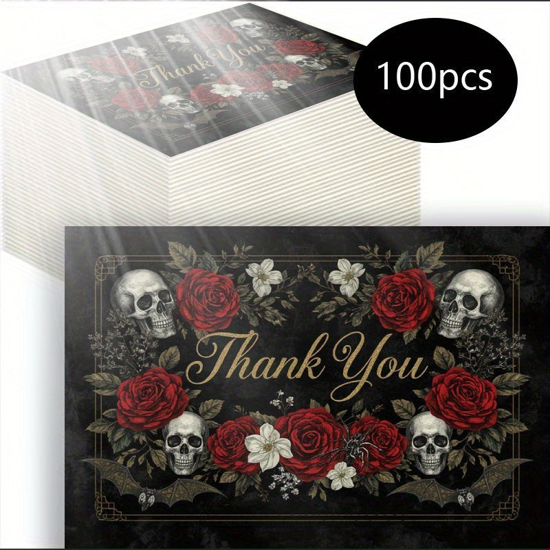 100pcs Gothic Skull Rose Thank You Cards - Elegant Black & Red Floral Design with "Thank You" Message, Perfect for Halloween, Business, and Thank You Notes - Ideal for Adults and Teens, Halloween Decorations