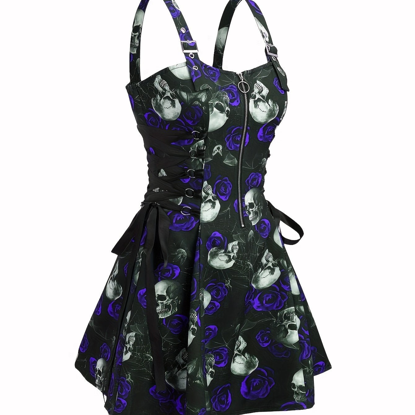 [Gothic Rose Midi Dress] Elegant Halloween Women's Gothic Rose Print Midi Dress | Casual Sleeveless A-Line Skirt with Back Zipper and Corset Detail, Black with White Floral Pattern