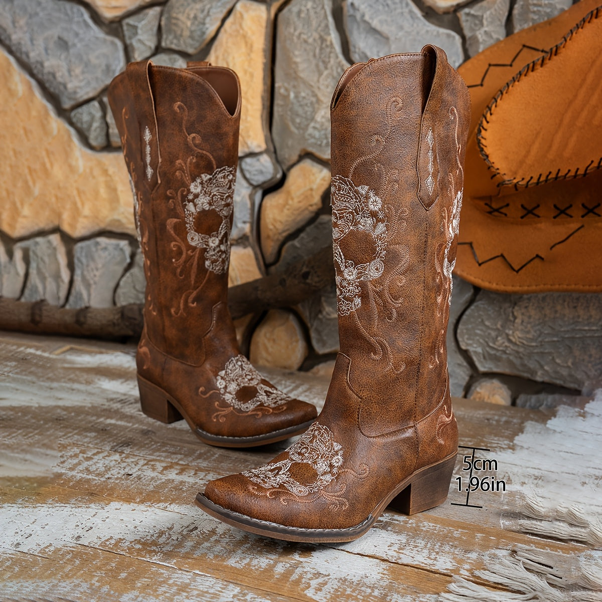 [Retro Cowboy Boots] Retro Embroidered Women's Western Cowboy Boots | Slip-On Square Toe Mid-Heel with Skull & Floral Geometric Design, Faux Cover Upper & TPR Sole for Casual All-Season Wear, Cowgirl Boots