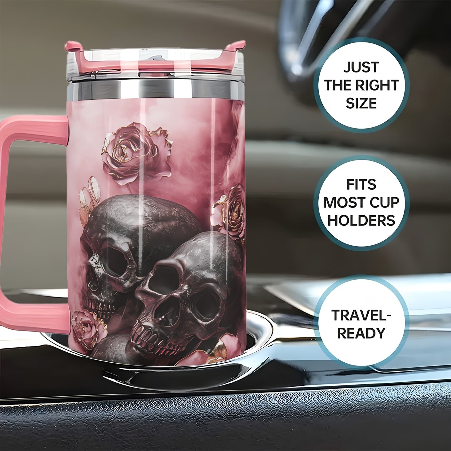 1pc MISVAN Personalized Tumbler with Lid - Custom Name Pink Golden Rose Skull Print 40oz Stainless Steel Insulated Water Bottle, BPA-Free Hot & Cold Drinkware for Outdoor Travel, Mother's Day Father's Day Graduation Gifts