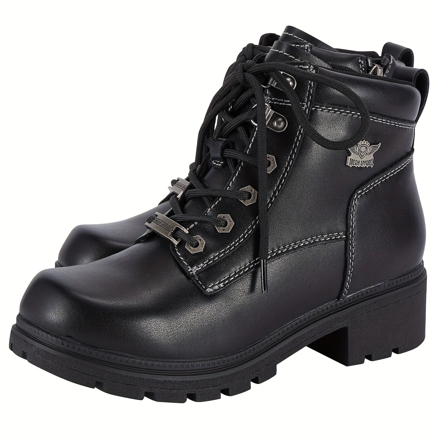 [Womens Low Heel Biker Boots] Black Faux Leather Womens Lace Up Motorcycle Riding Boots | Side Zipper, Ankle Booties, Biker Boots, Combat Boots For Ladies With Low Heel, Non-Slip, Square Toe, For All-Season Riding Shoes