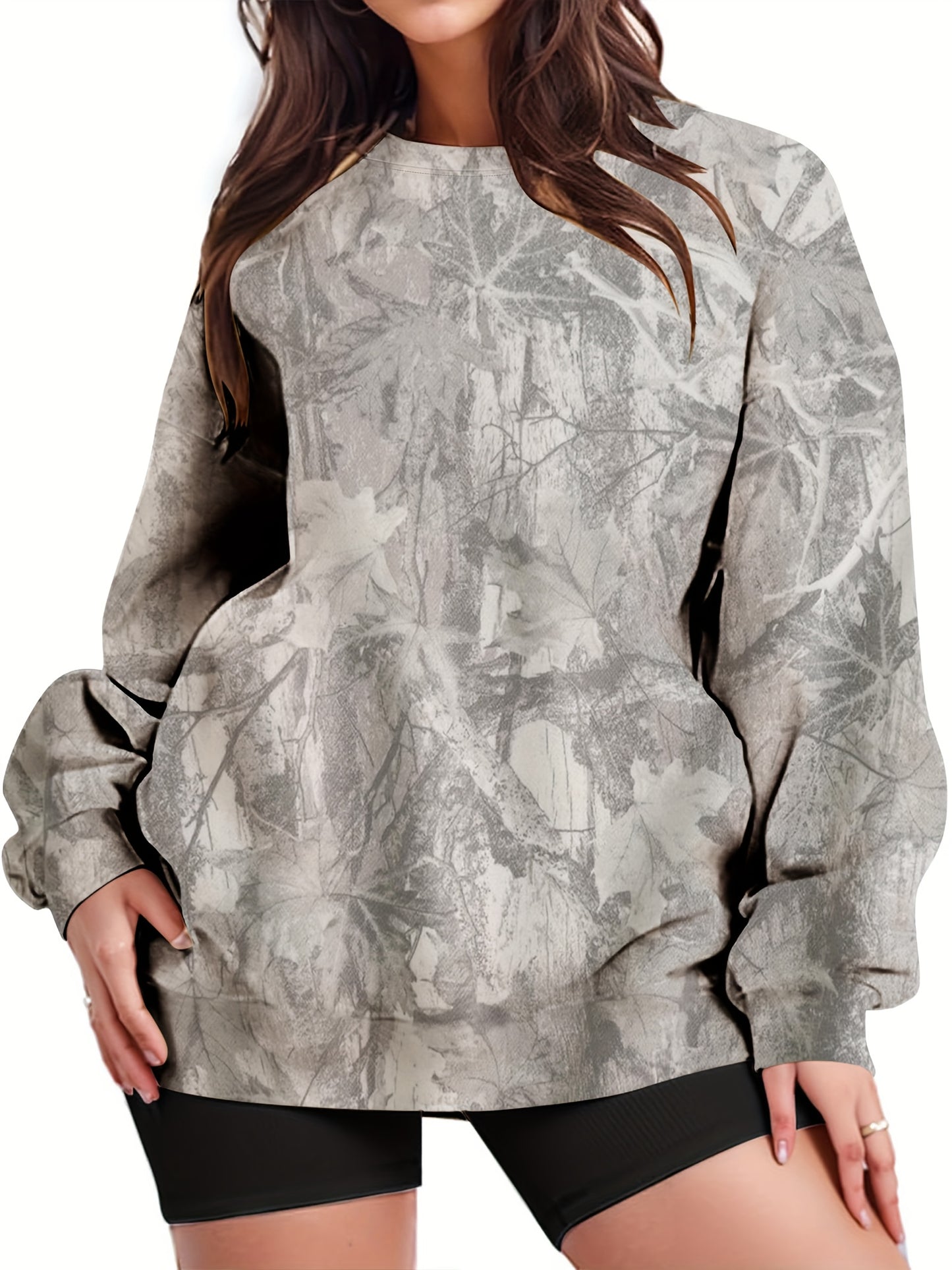 Women'S Oversized Camo Sweatshirt - Long Sleeve, Loose Fit, Green & Black Leaf Pattern, Casual Pullover with Ribbed Cuffs, All-Season Comfort, Casual Wear | Relaxed Fit Top | Construction, Sweater Hoodie
