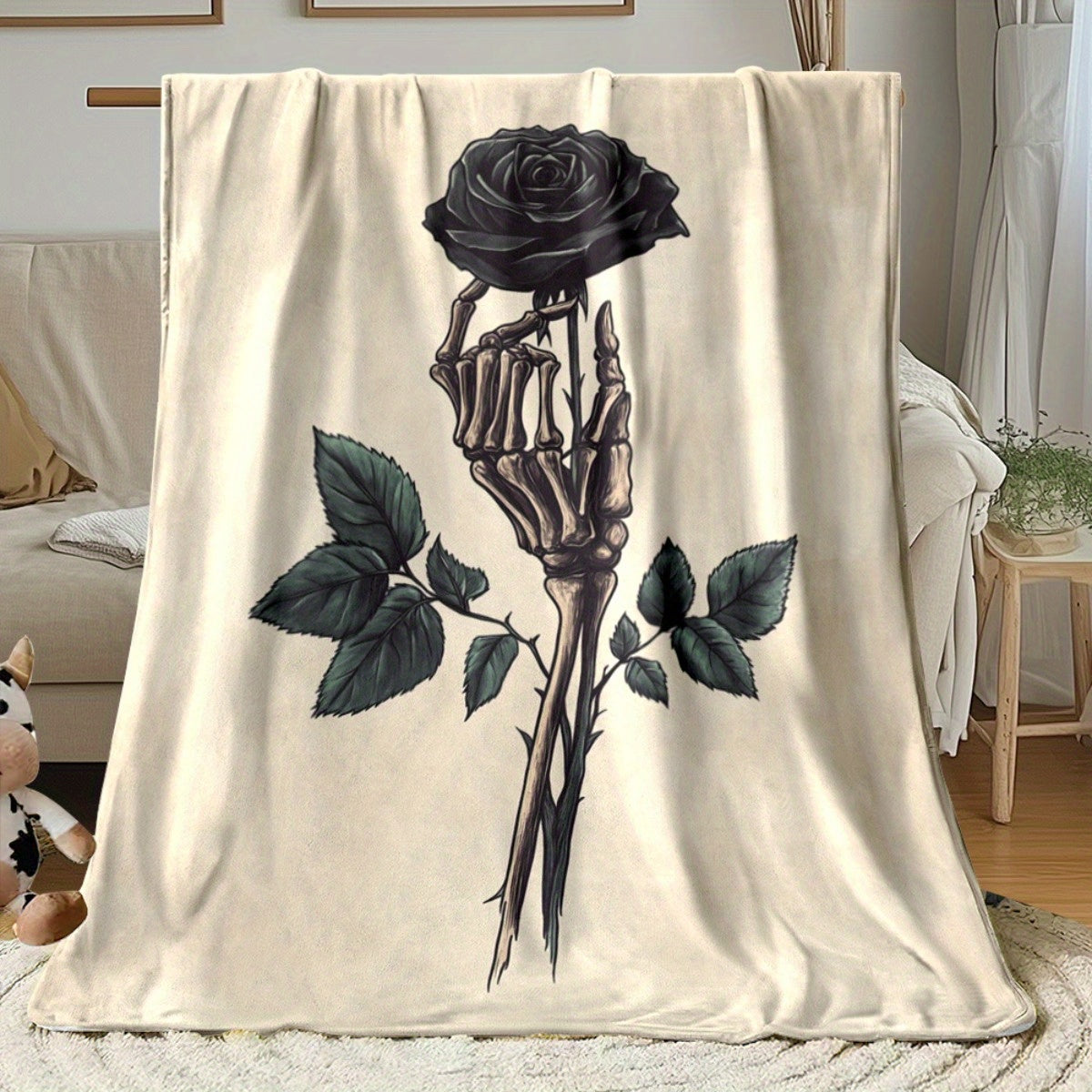[Gothic Skeleton Throw Blanket] 1pc Gothic Skeleton Hand & Black Rose Throw Blanket - Soft Lightweight Flannel, Beige & Dark Decor for Living Room, Bedroom, Travel - Spooky Halloween Wedding Birthday Gift for Adults - All-Sea