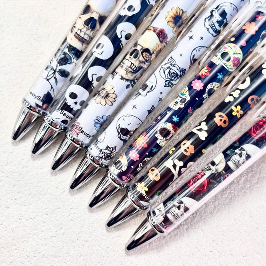 7pcs 7pcs Day of the Dead Skull Magnetic Gift Round Ballpoint Pen - Skull Flower Reading Black Ink Writing Pen, Suitable for Women Book Lovers Office Teachers Writing Supplies