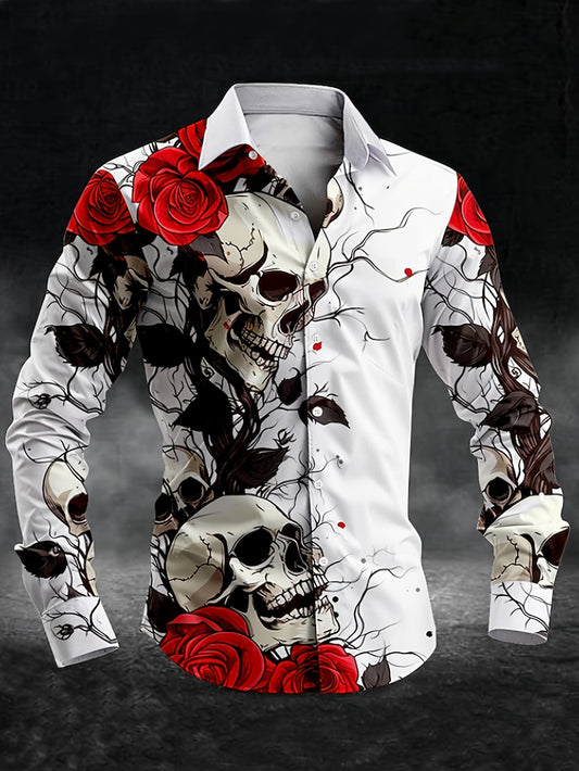Men's Gothic 3D Printed Skull & Rose Shirt - Long Sleeve Button-Up Lapel Collar, Machine Washable All-Season Casual to Semi-Formal Wear, Black & Red Gothic Pattern with White Skulls & Red Roses, Dark Brown/Black Tones for Dai