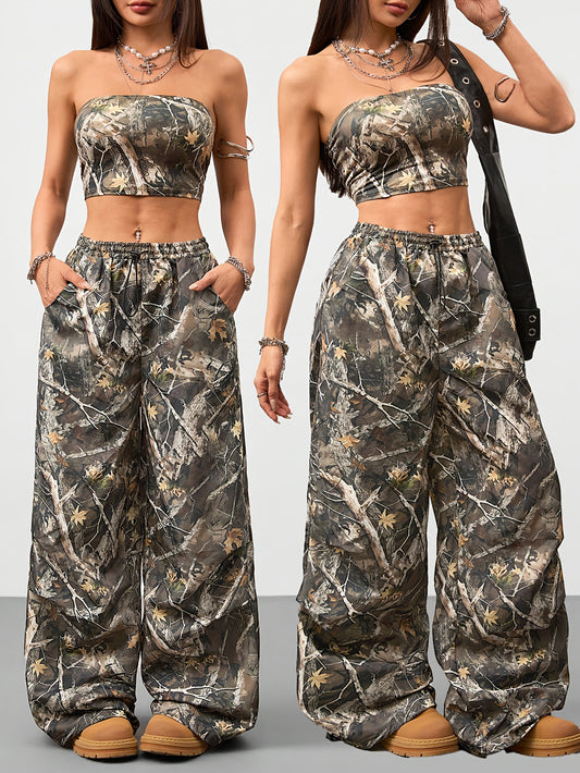 2pcs Women'S Camo Print Two-Piece Set - Sleeveless Crop Top & Wide-Leg Pants with Drawstring Waist, Brown & Black Leaf Pattern, Casual Spring/Summer Outfit, Outdoor Clothing | Relaxed Fit Pants | Drawstring Waistband