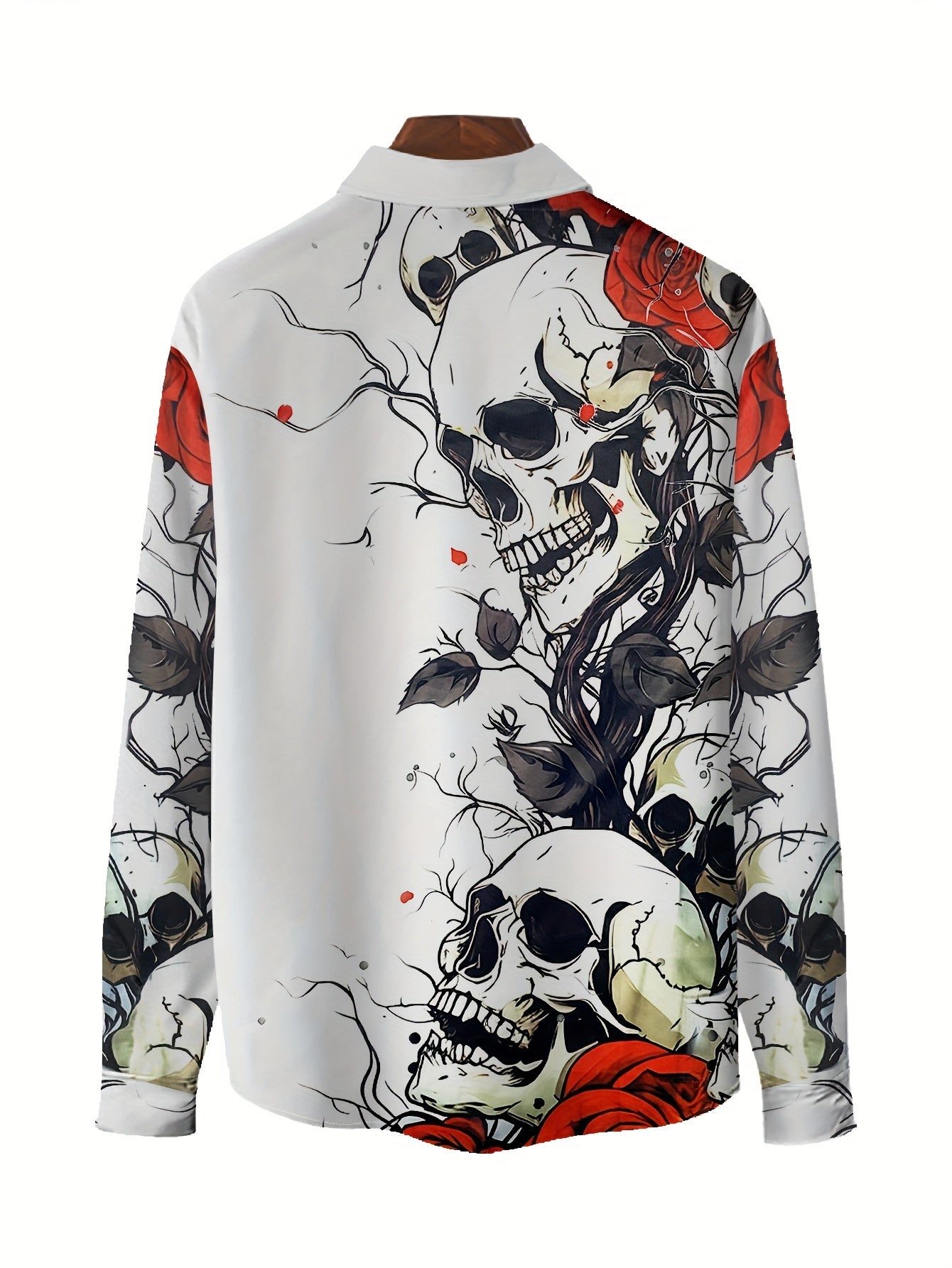 Men's Gothic 3D Printed Skull & Rose Shirt - Long Sleeve Button-Up Lapel Collar, Machine Washable All-Season Casual to Semi-Formal Wear, Black & Red Gothic Pattern with White Skulls & Red Roses, Dark Brown/Black Tones for Dai