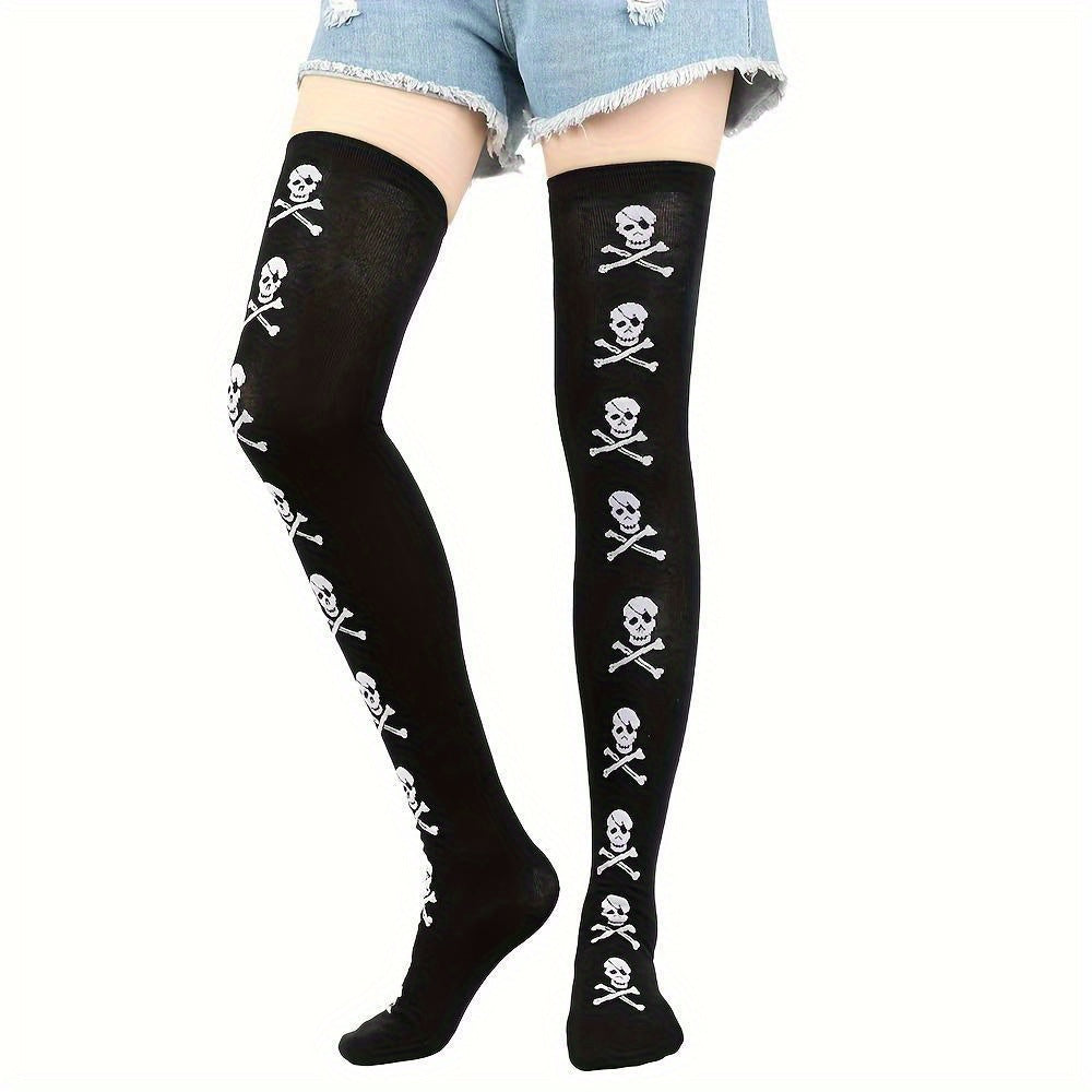 [Halloween-themed Women's socks] 3 pairs of Halloween-themed skull and bat full-body print funny Women's over-the-knee socks, soft, comfortable, tight and high-stretch socks, suitable for parties and daily wear