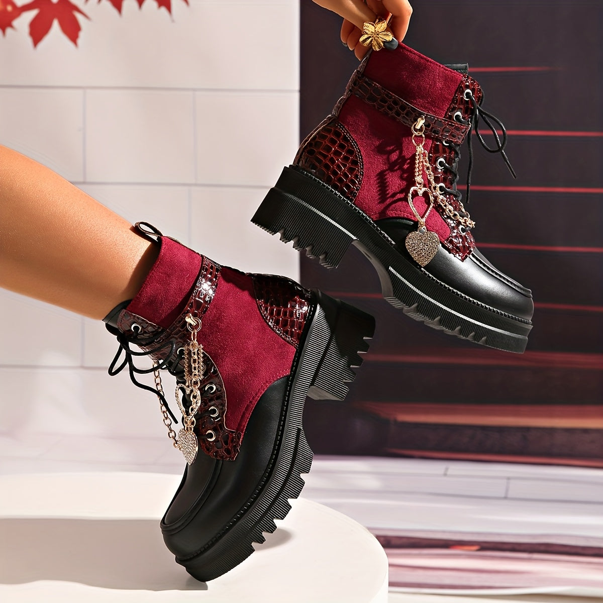 Women'S Chunky Platform Ankle Boots with Heart Metal Chain Accent - Red & Punk Style Zipper Closure, Thick Platform Heel, Synthetic Cover Upper & Rubber Sole