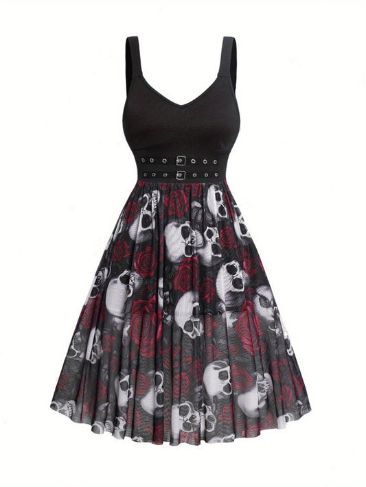 Women'S Halloween Party Dress - Gothic Skull Floral print in Black/Red/, Sleeveless V-Neck Formal Costume, Easy-to-Wear Party Outfit for Halloween, Gothic Events & Themed Parties - Adult Women'S Halloween Attire, Halloween Cl