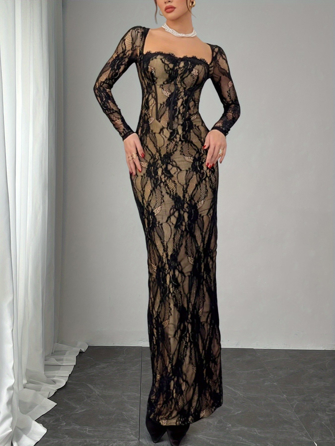 Autumn New Arrival: Elegant and Sensual Women's Evening Gown Halloween & Christmas Party Lace Design Fitted Bodycon Long Sleeve Maxi Dress