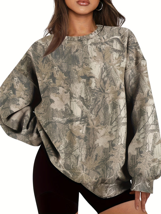 Women'S Oversized Camo Sweatshirt - Long Sleeve, Loose Fit, Green & Black Leaf Pattern, Casual Pullover with Ribbed Cuffs, All-Season Comfort, Casual Wear | Relaxed Fit Top | Construction, Sweater Hoodie