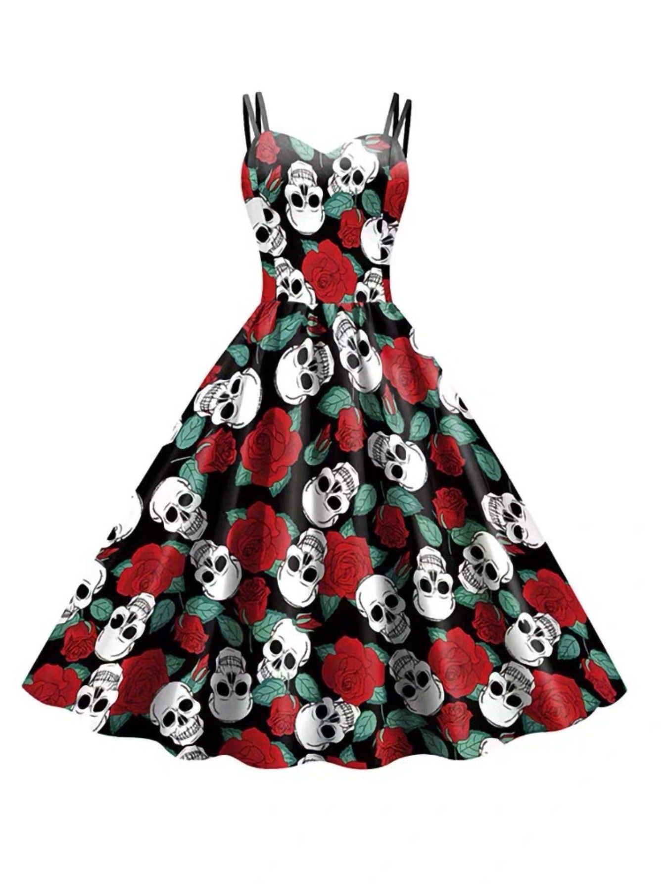Women'S Gothic Victorian-Inspired Black & White Floral Print Suspender Dress Costume - Sleeveless A-Line Mid-Length with Ruffled Hem & V-Neck, Structured H-Line Silhouette for Halloween Carnival Party, Themed Events - Breatha