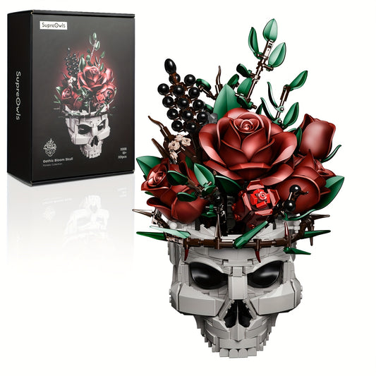 1101pcs Gothic Building Blocks Set - Large-Scale Skull & Rose Flower Model with Intricate Dark Art Design, Interlocking Bricks for Adults, Challenging Assembly, Collectible Display, Gothic Home Decor, Halloween Party Decorati