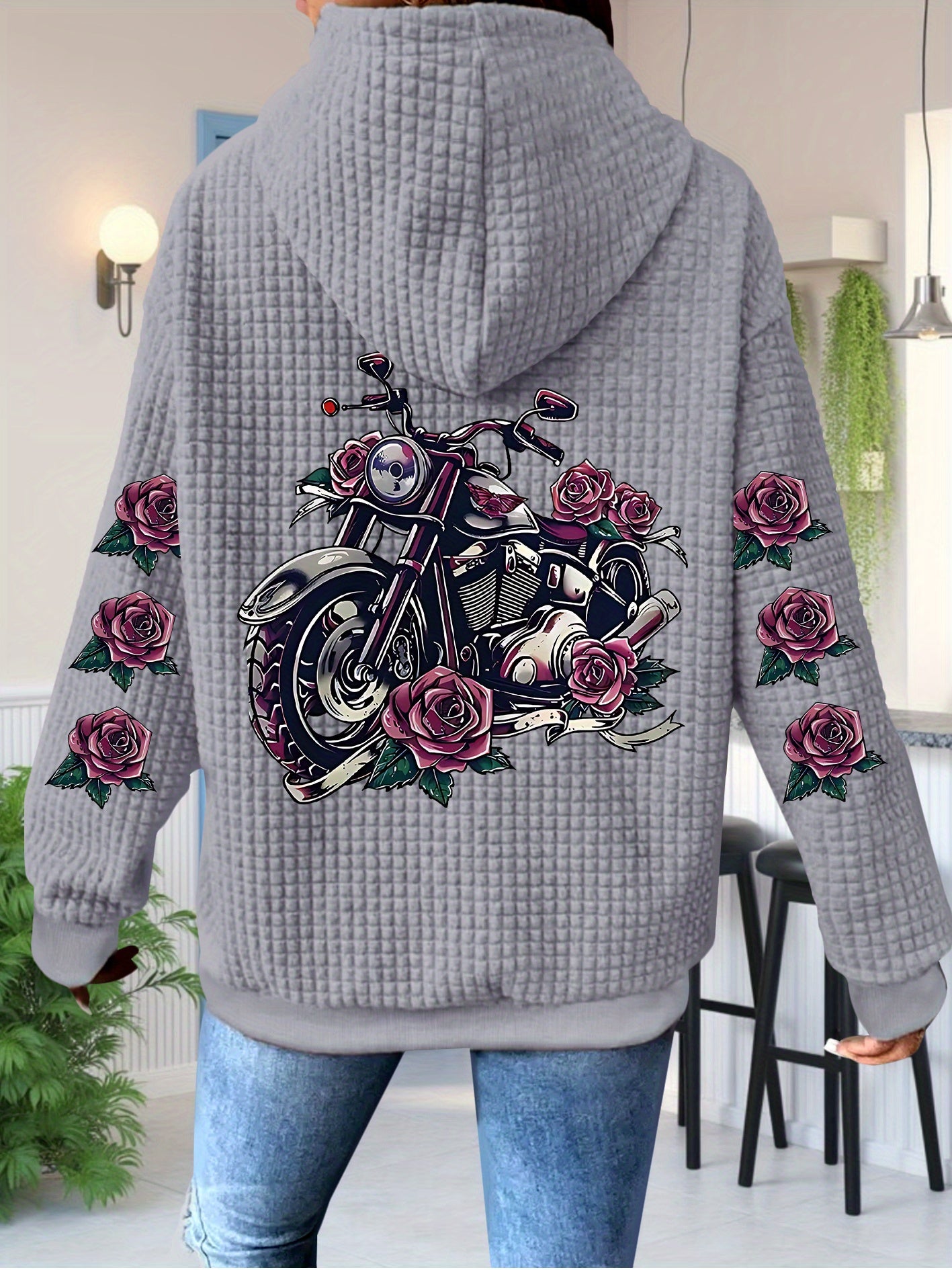 [Floral Motorcycle Hoodie] Polyester Women's Motorcycle & Rose Graphic Zip-Up Hoodie - Black with Pink Floral Accents, Full-Zip Closure Hooded Sweatshirt, Machine Washable Pullover for Everyday & Themed Events, Motorcycle Gea