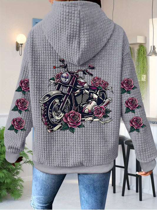 [Floral Motorcycle Hoodie] Polyester Women's Motorcycle & Rose Graphic Zip-Up Hoodie - Black with Pink Floral Accents, Full-Zip Closure Hooded Sweatshirt, Machine Washable Pullover for Everyday & Themed Events, Motorcycle Gea
