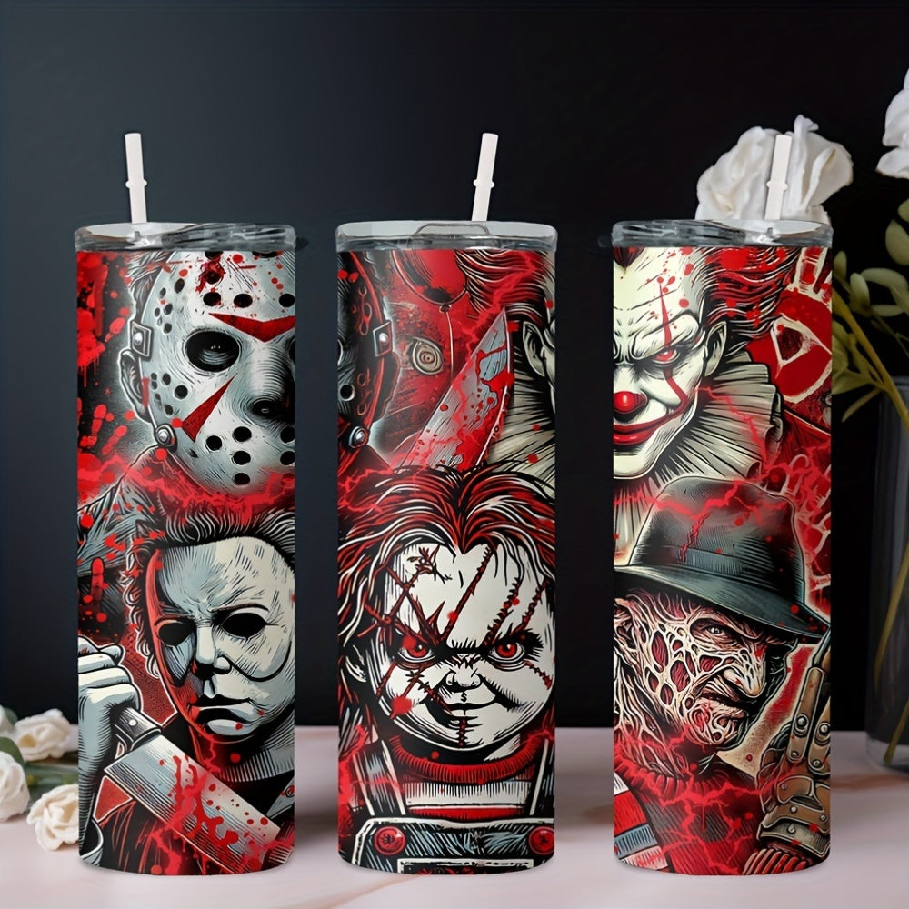 20oz Stainless Steel Tumbler with Horror Movie Characters, Insulated Travel Mug for Coffee, Beer, Drinks - Leakproof, Rust Resistant with Straw, Ideal for Halloween Party Gift - No Assembly Needed