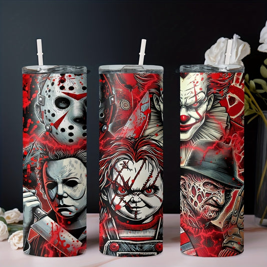 20oz Stainless Steel Tumbler with Horror Movie Characters, Insulated Travel Mug for Coffee, Beer, Drinks - Leakproof, Rust Resistant with Straw, Ideal for Halloween Party Gift - No Assembly Needed