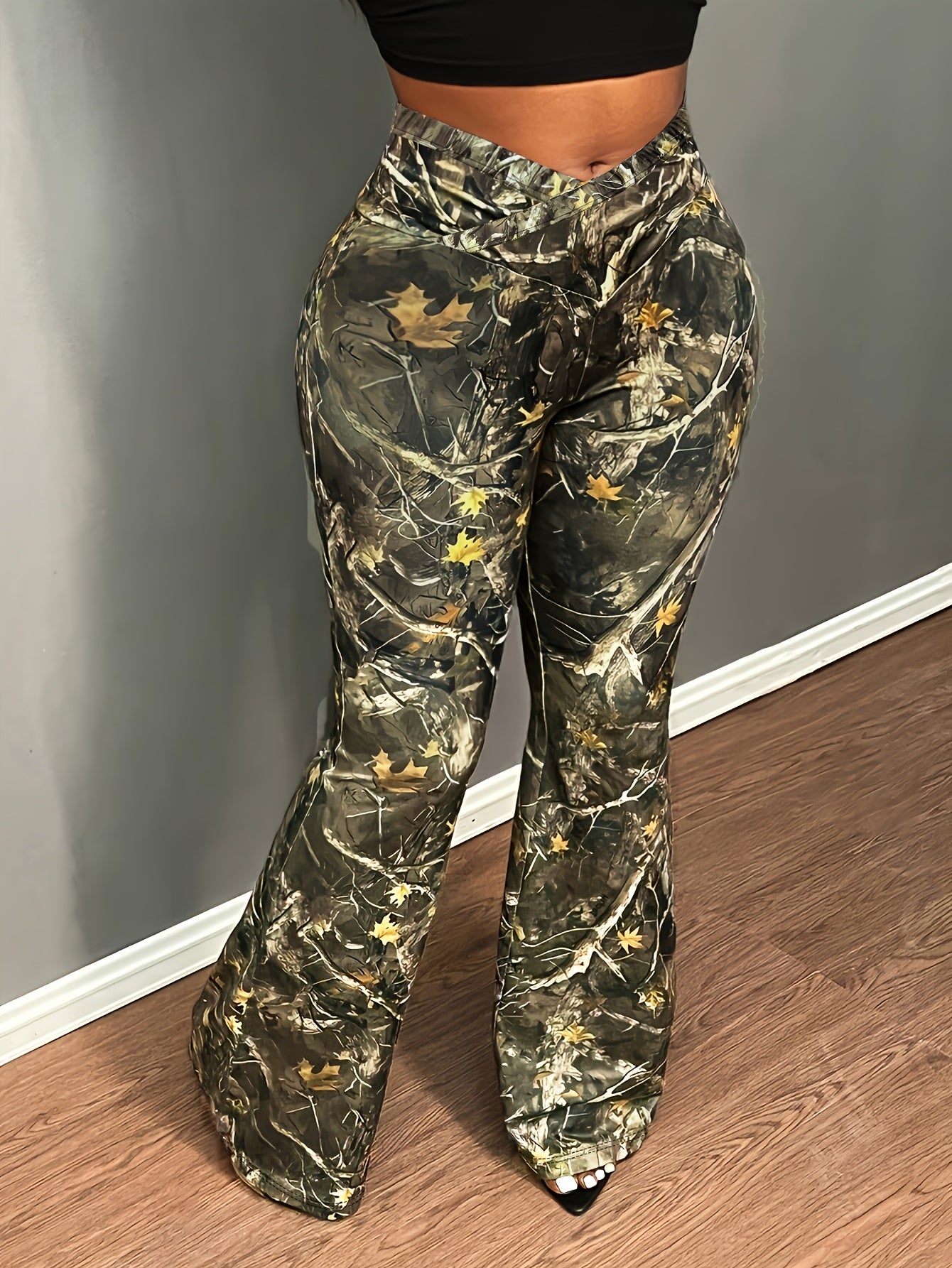 Women'S Plus Size Camouflage Print Skinny Pants, 100% Polyester Knit Fabric, Casual All-Over Print, Slight Stretch, 200g/m², All-Season Fashion