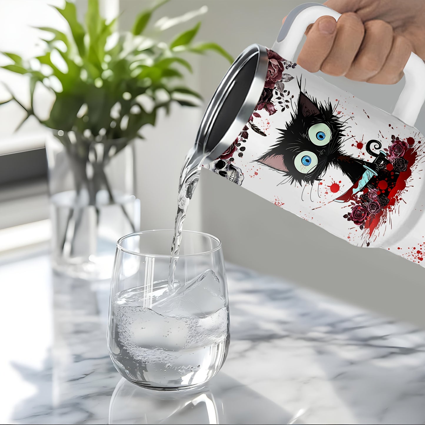 1pc Horror Cat Coffee Mug, Halloween Stainless Steel Insulated Cups 40oz, Halloween Cat Cups with Lids And Straws, Halloween Coffee Cups, Large Capacity Coffee Cup, Stainless Steel Insulated Cup with Handle, Horror Cat Cup, W