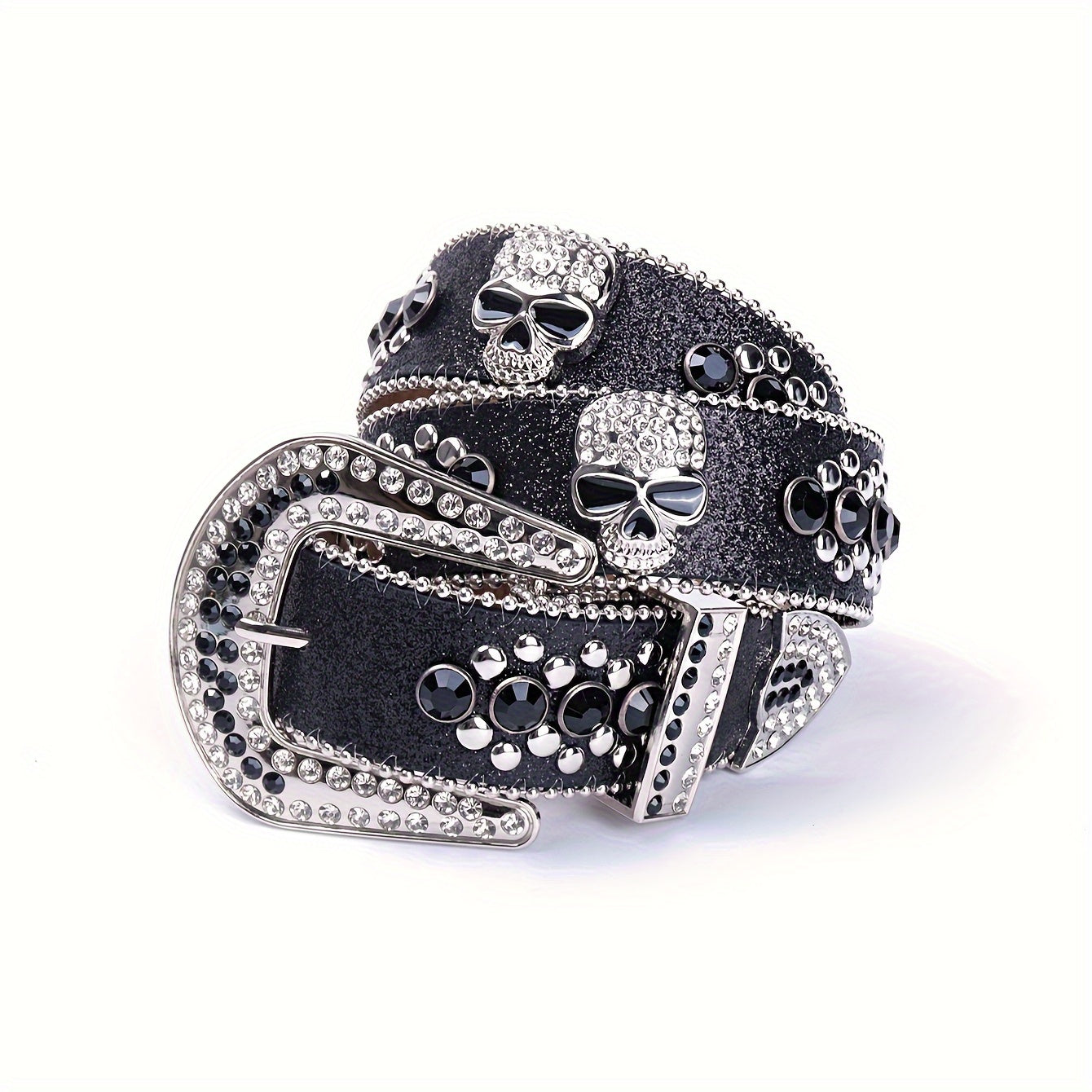 YIQIFEFA Punk Rhinestone & Stud Skull Belt for Women - Sparkling Black PU Western Cowboy Style Belt with Metallic Accents, Casual Outing to Party Accessory, Evening Accessory, Edgy Fashion Accessory, Stylish Craftsmanship, Al