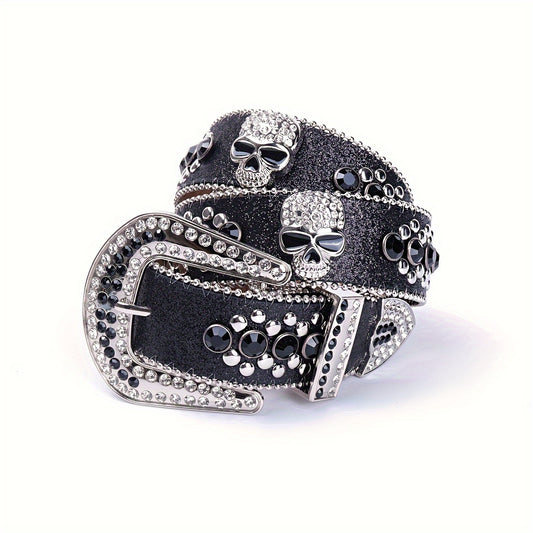 YIQIFEFA Punk Rhinestone & Stud Skull Belt for Women - Sparkling Black PU Western Cowboy Style Belt with Metallic Accents, Casual Outing to Party Accessory, Evening Accessory, Edgy Fashion Accessory, Stylish Craftsmanship, Al