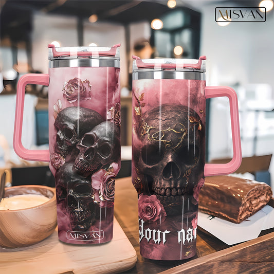 1pc MISVAN Personalized Tumbler with Lid - Custom Name Pink Golden Rose Skull Print 40oz Stainless Steel Insulated Water Bottle, BPA-Free Hot & Cold Drinkware for Outdoor Travel, Mother's Day Father's Day Graduation Gifts