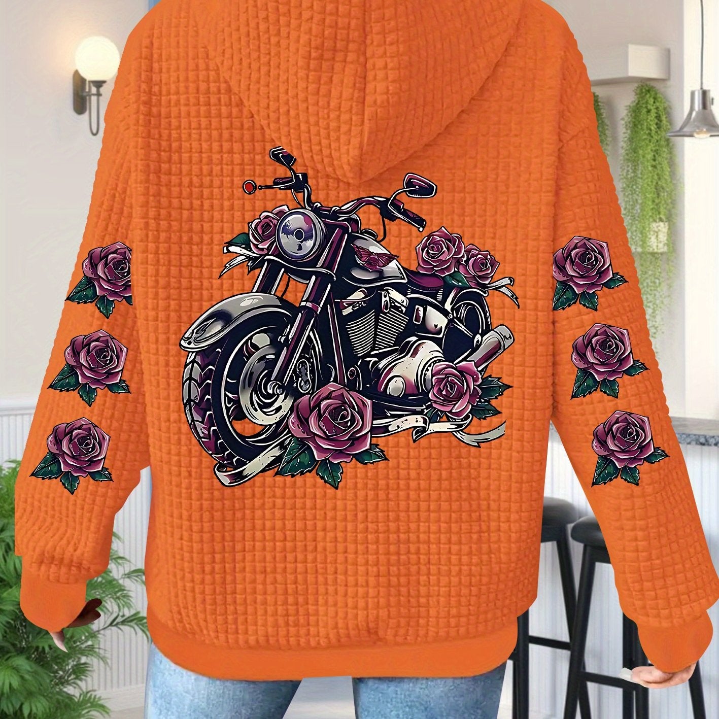 [Floral Motorcycle Hoodie] Polyester Women's Motorcycle & Rose Graphic Zip-Up Hoodie - Black with Pink Floral Accents, Full-Zip Closure Hooded Sweatshirt, Machine Washable Pullover for Everyday & Themed Events, Motorcycle Gea