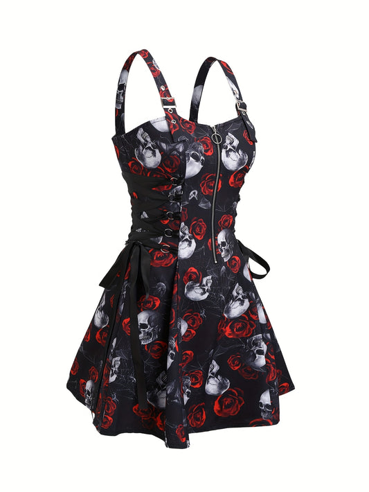 [Gothic Rose Midi Dress] Elegant Halloween Women's Gothic Rose Print Midi Dress | Casual Sleeveless A-Line Skirt with Back Zipper and Corset Detail, Black with White Floral Pattern