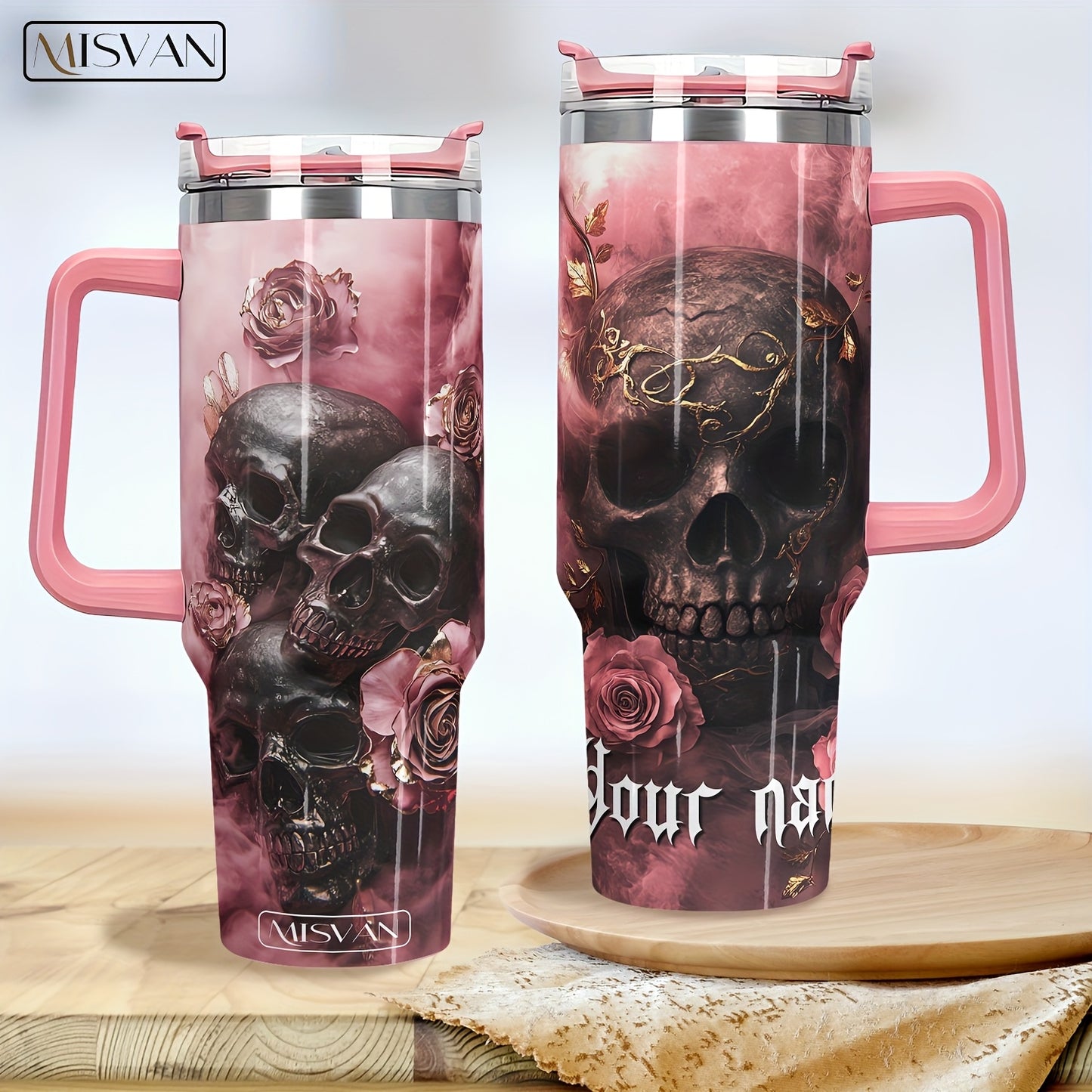 1pc MISVAN Personalized Tumbler with Lid - Custom Name Pink Golden Rose Skull Print 40oz Stainless Steel Insulated Water Bottle, BPA-Free Hot & Cold Drinkware for Outdoor Travel, Mother's Day Father's Day Graduation Gifts