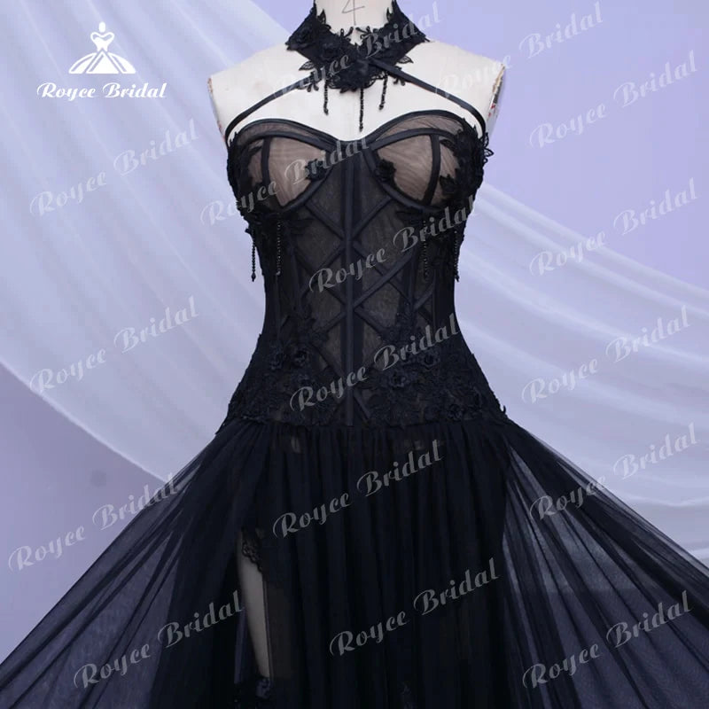 Gothic Black Long Wedding Dress 2025 Sexy Bridal Gown Vestidos De Novia Sexy Tulle Wedding Gowns Trouwjurk Plus Size Customized