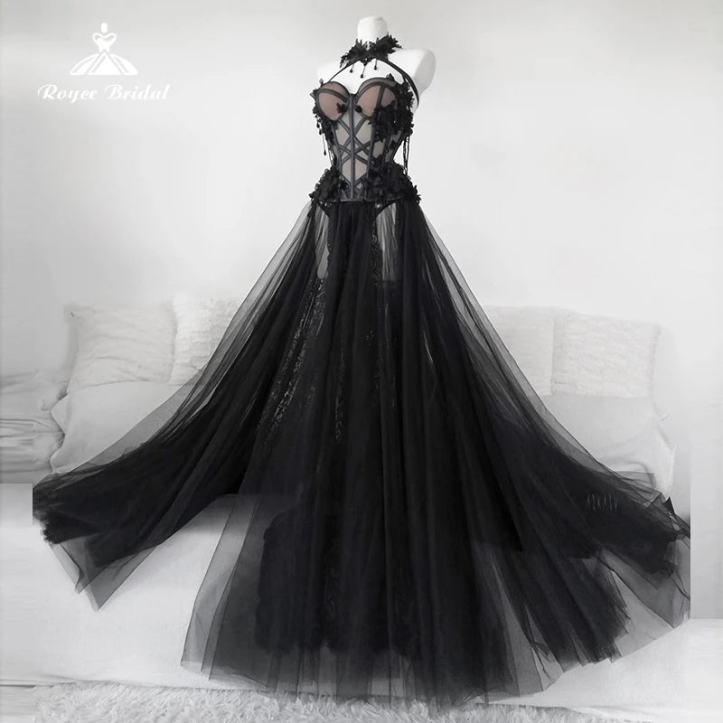 Gothic Black Long Wedding Dress 2025 Sexy Bridal Gown Vestidos De Novia Sexy Tulle Wedding Gowns Trouwjurk Plus Size Customized