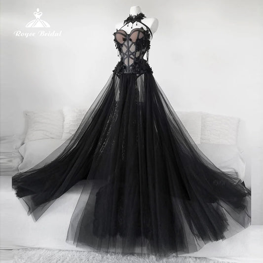 Gothic Black Long Wedding Dress 2025 Sexy Bridal Gown Vestidos De Novia Sexy Tulle Wedding Gowns Trouwjurk Plus Size Customized