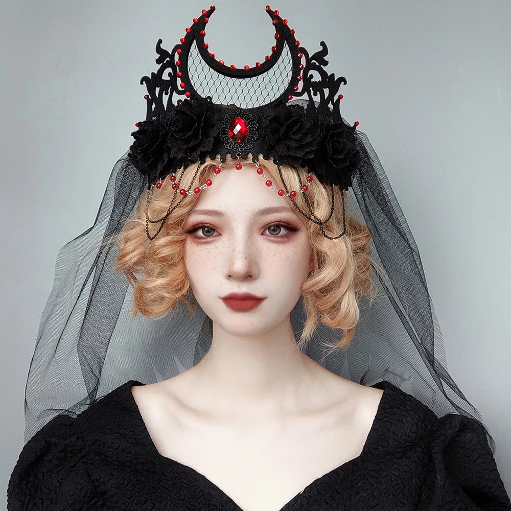 Gothic Tiara Crown Black Red Rose Headband Halloween King Bride Headdress Witch Cosplay Headdress Masquerade Party Headwear