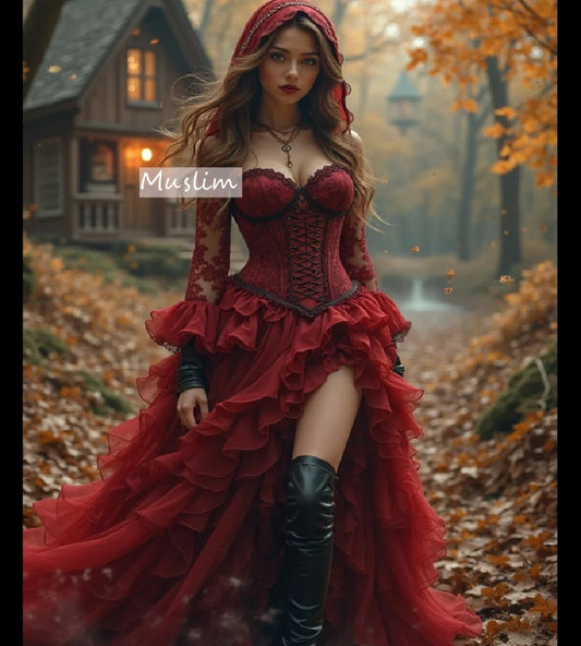 Victorian Red Gothic Wedding Dress Ethereal Hi Low Vampire Bride Dress Ruffle Bohemian Elf Bridal Gown Lace Costume Customized