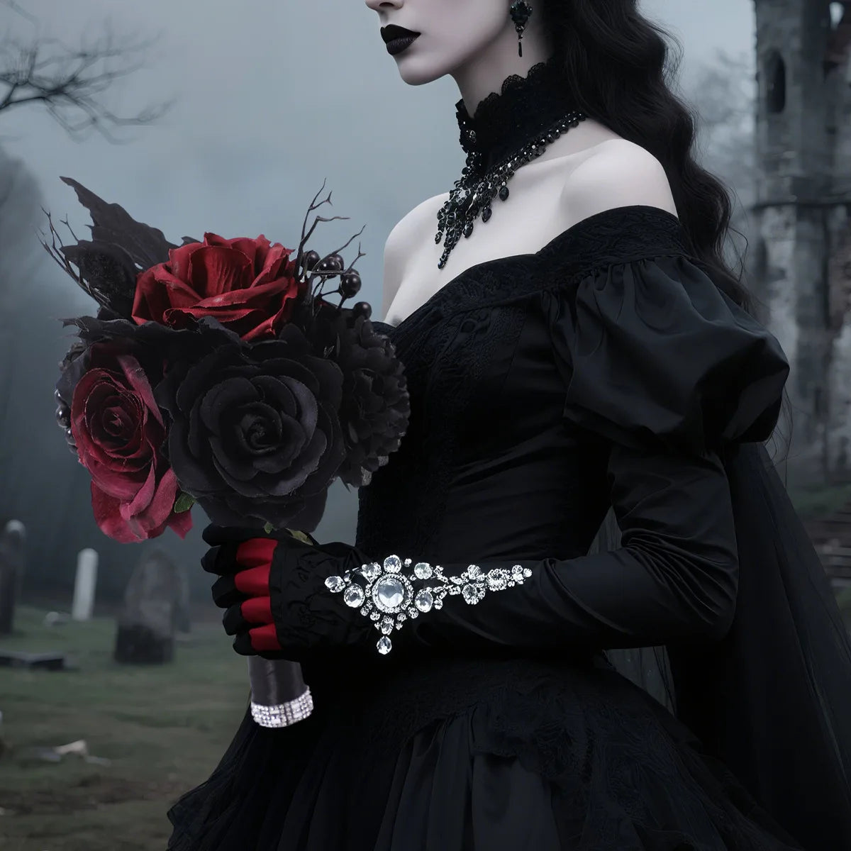 Gothic Wedding Bridal Bouquet Ghost Festival Red and Black Simulated Flowers Halloween Decoration Roses Handheld Flowers