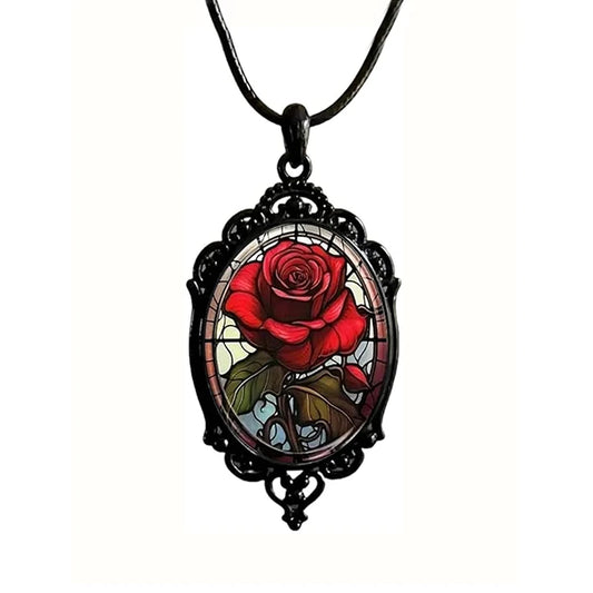 Gothic Style Oval Red Rose Flower Glass Pendant Necklace For Women Punk Halloween Jewelry Gifts