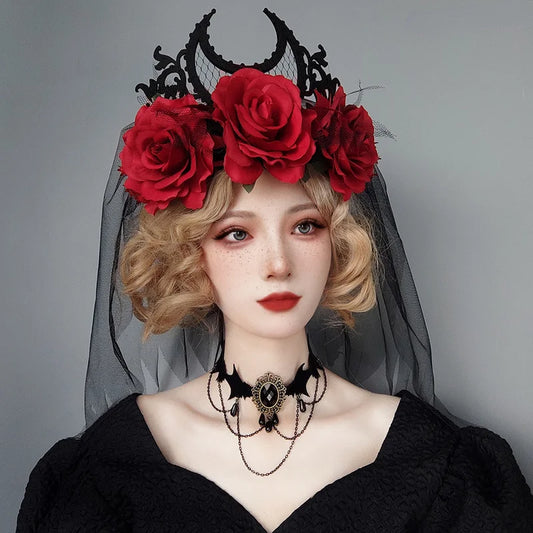 Gothic Tiara Crown Black Red Rose Headband Halloween King Bride Headdress Witch Cosplay Headdress Masquerade Party Headwear
