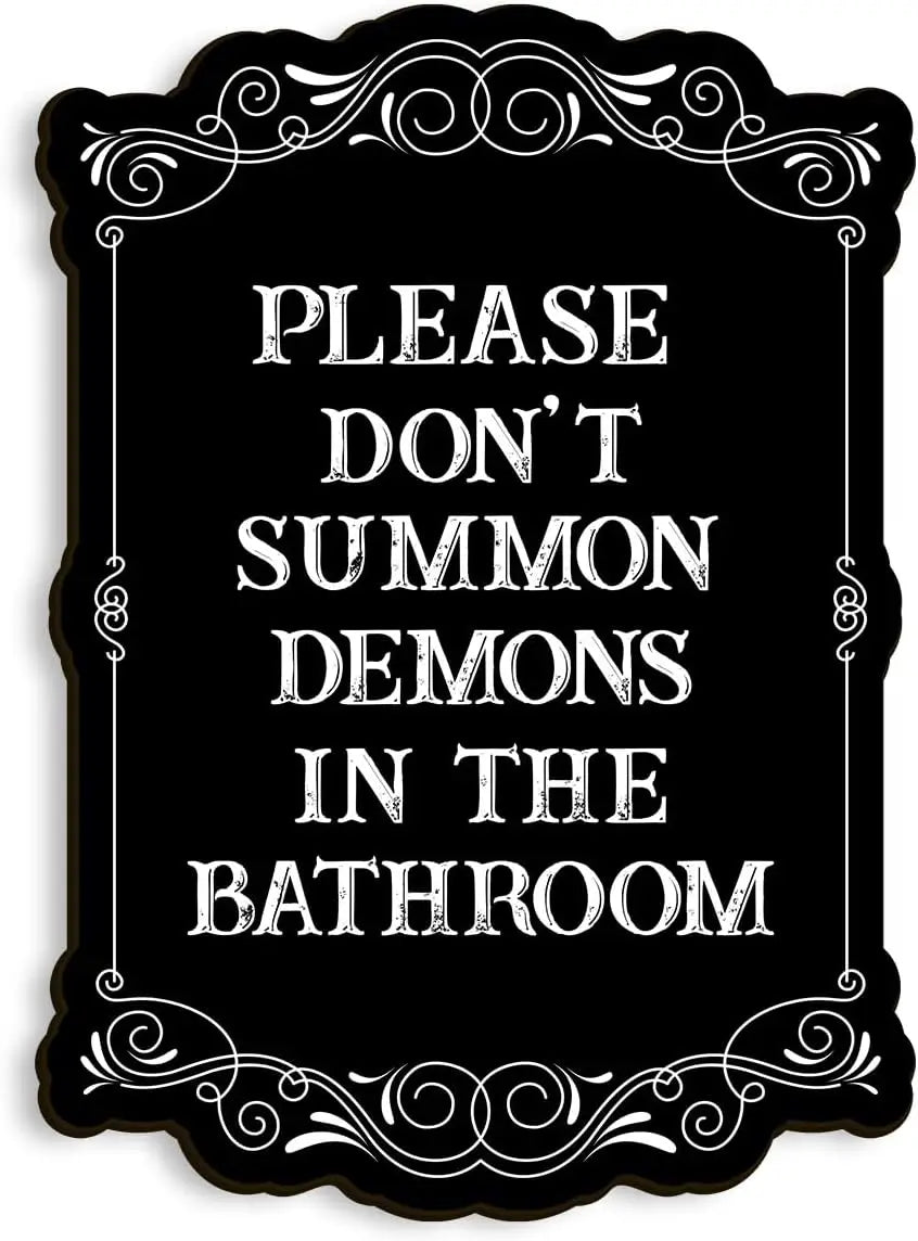 Gothic Bathroom Wall Art – 'Please Do Not Summon Demons' Funny Spooky Sign, Occult Wooden Hanging Decor for Dark Humor Lovers